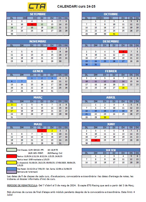 CTA : Calendari curs 2024 - 2025